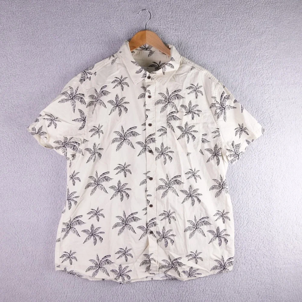 Katin Mens XXL Palm Tree Print Short Sleeve Button Down Shirt Cream Cotton Blend